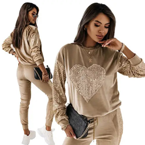 Fløyelsaktig Paljettdress Bukser og Hettegenser Beige L/xl