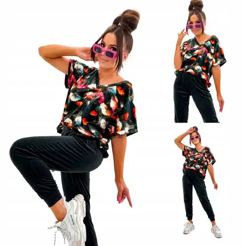 Fløyelsdress Sett med Trykket Hettegenser og Bukser