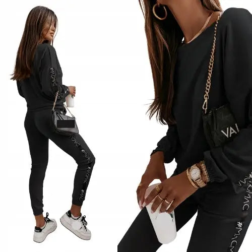 Fløyelsjoggedress Sett med Genser og Bukser i Svart