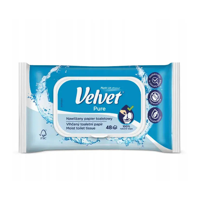Fløyelsmykt våt toalettpapir Pure, frontbilde av blå og hvit pakke med lokk og hypoallergeniske symboler.