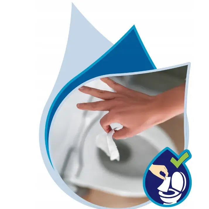 Fløyelsmykt våt toalettpapir Pure, hvitt ark holdt over toalett med symbol for nedskylling synlig.