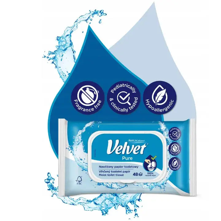 Fløyelsmykt våt toalettpapir Pure, 16 stk, frontbilde med blå emballasje og hypoallergen-ikoner.
