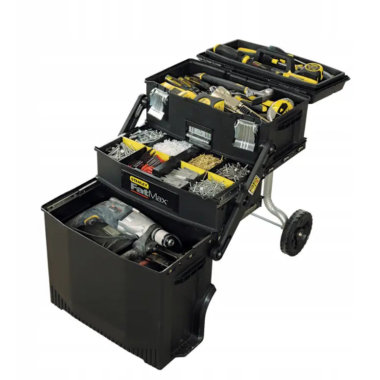 Flyttbar verkstedsvogn Fatmax, skråvisning med åpne rom, fylt med verktøy og sortimentsbokser for festemidler.