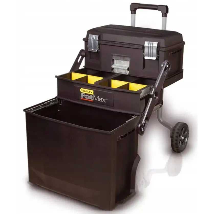 Flyttbar verkstedsvogn Fatmax, nærbilde av uttrekkbar boks med gule romdelere og solide hjul bak.