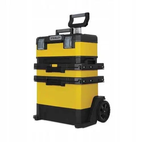 Flyttbar verkstedsvogn fra Stanley, gul og svart plast med tre seksjoner, store hjul og uttrekkbart håndtak.