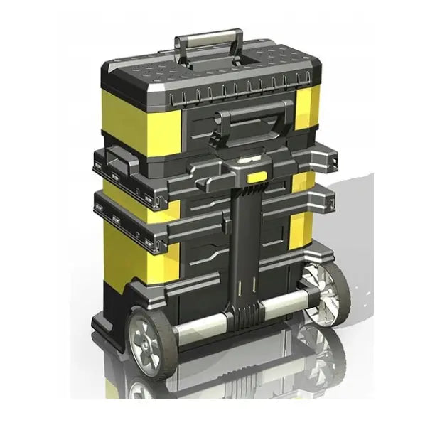 Flyttbar verkstedsvogn fra Stanley, skrå forfra med stablede bokser, bærehåndtak og store hjul.