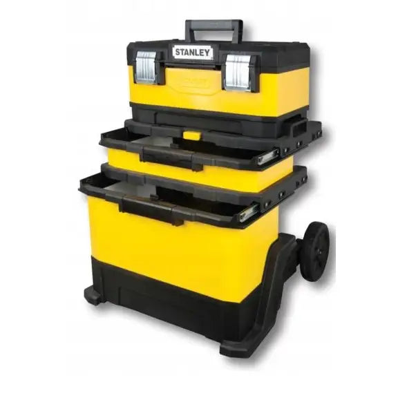 Flyttbar verkstedsvogn fra Stanley, skråvisning med åpne skuffer som viser oppbevaringsløsningene.