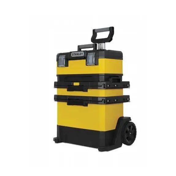 Flyttbar verkstedsvogn fra Stanley, skråvisning som fremhever modulene, hjulene og teleskophåndtaket.