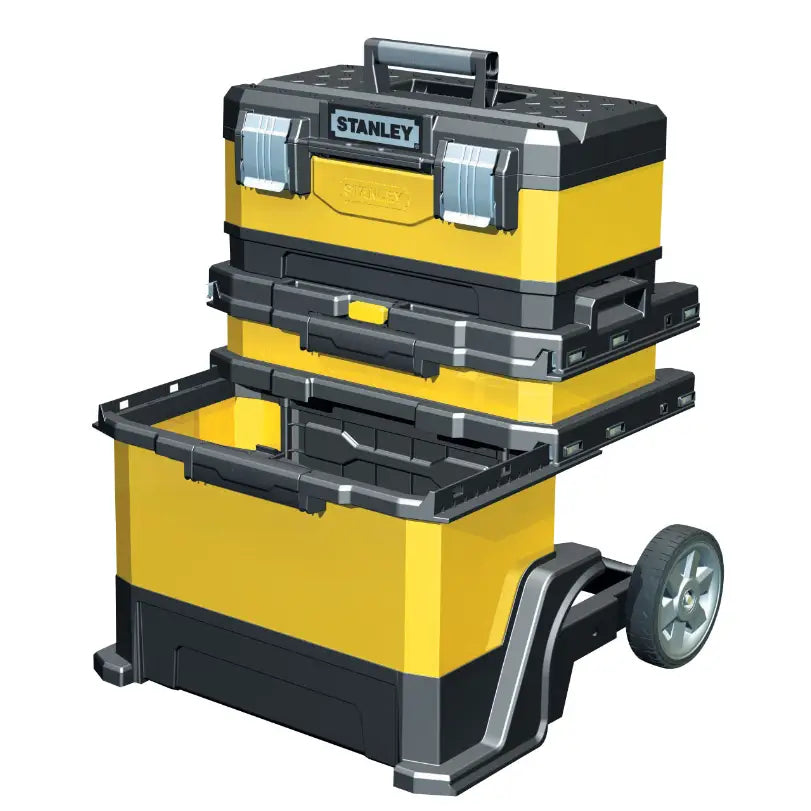 Flyttbar verkstedsvogn fra Stanley, front- og sidevisning med uttrekt plastboks og store hjul.
