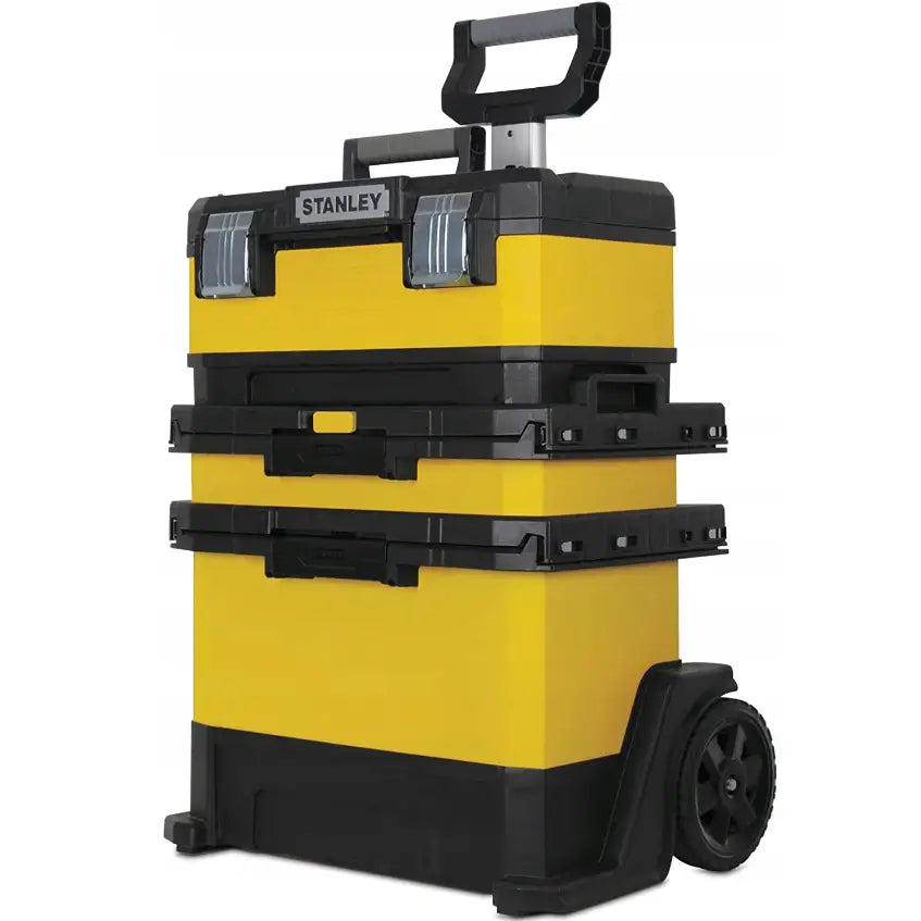 Flyttbar verkstedsvogn fra Stanley, skråvisning som fremhever stablede rom, hjul og metallspenner.