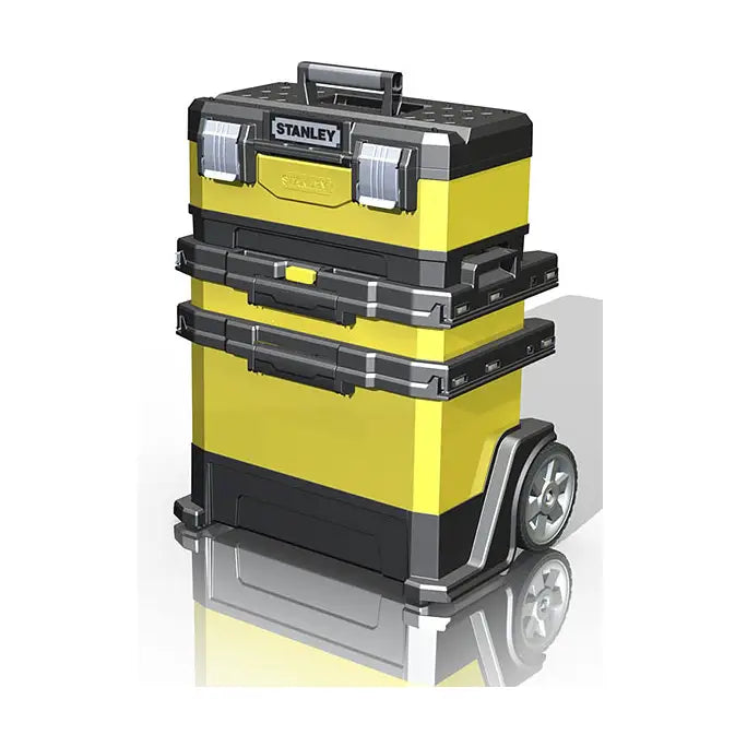 Flyttbar verkstedsvogn fra Stanley, gul og sort plastkasse med store hjul og bærehåndtak sett fra skrå front.