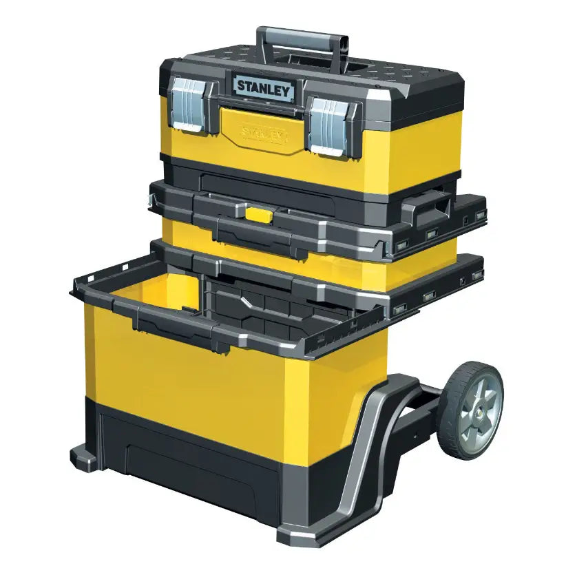 Flyttbar verkstedsvogn fra Stanley, åpen visning med synlige rom, metallspenner og robuste hjul på siden.