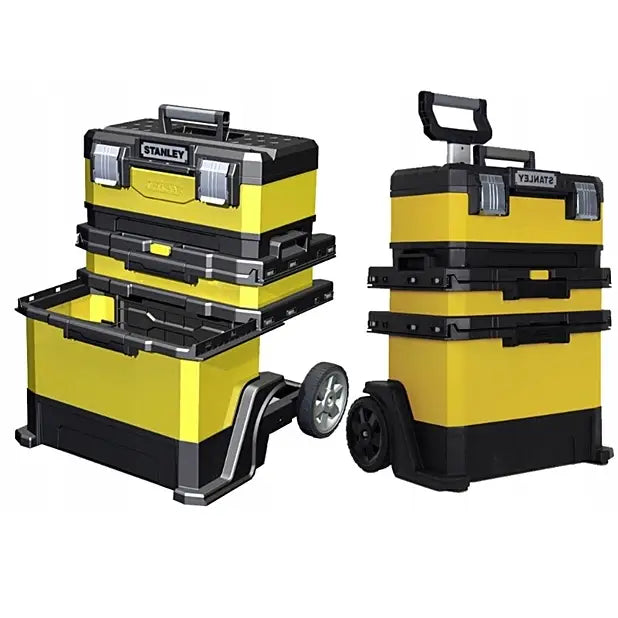 Flyttbar verkstedsvogn fra Stanley, gul og sort plastkasse med åpnet skuff, store hjul og teleskophåndtak.