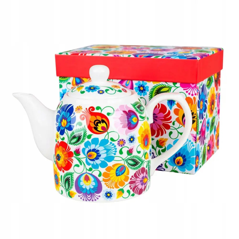 Folkemønstret tekanne Łowicz-design, frontvisning med gaveeske i matchende fargerikt blomstermønster.
