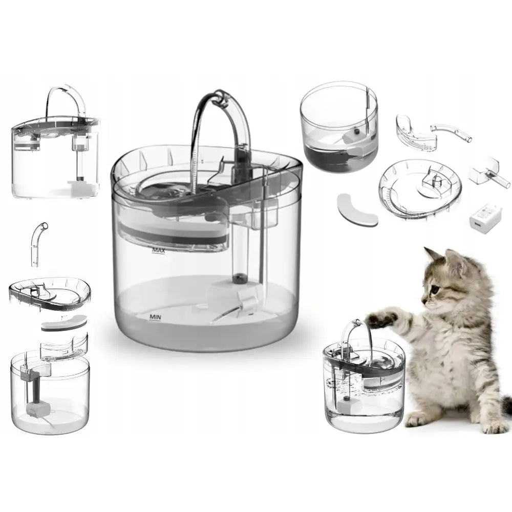 Fontene drikkeskål for katt og hund, gjennomsiktig plastfontene med buet metallrør og kattunge som drikker vann.