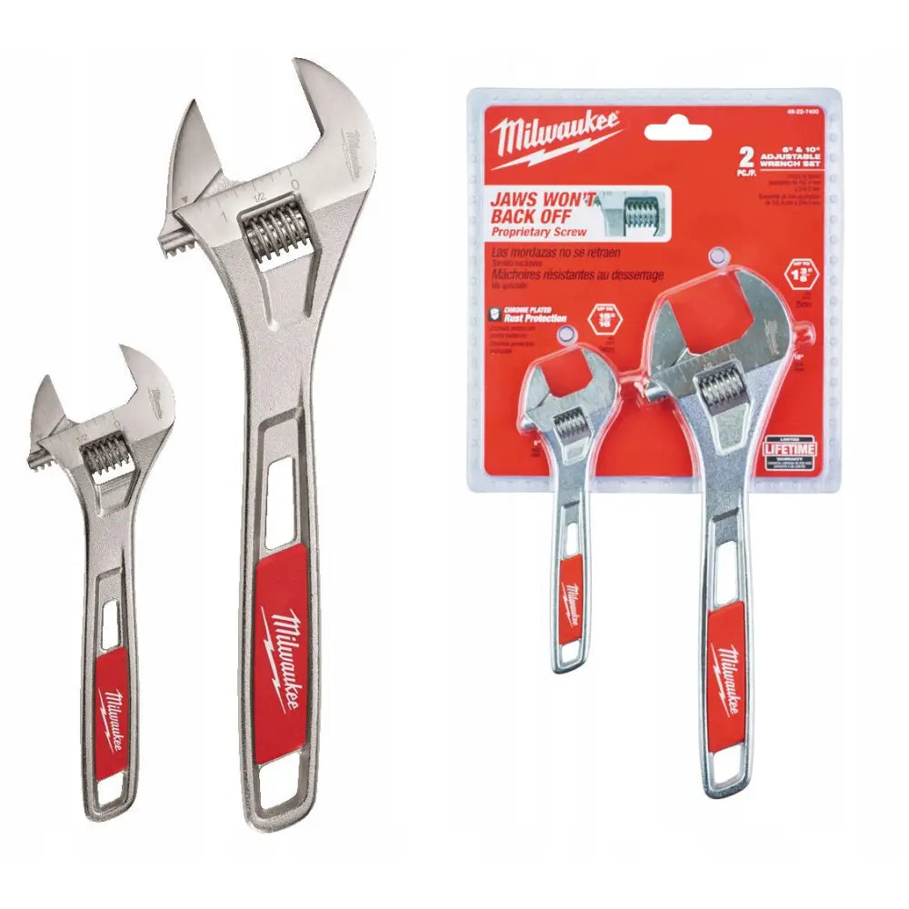 Milwaukee nøkkelsett med to justerbare skiftenøkler, sølv metall og røde håndtak i blisterpakning.