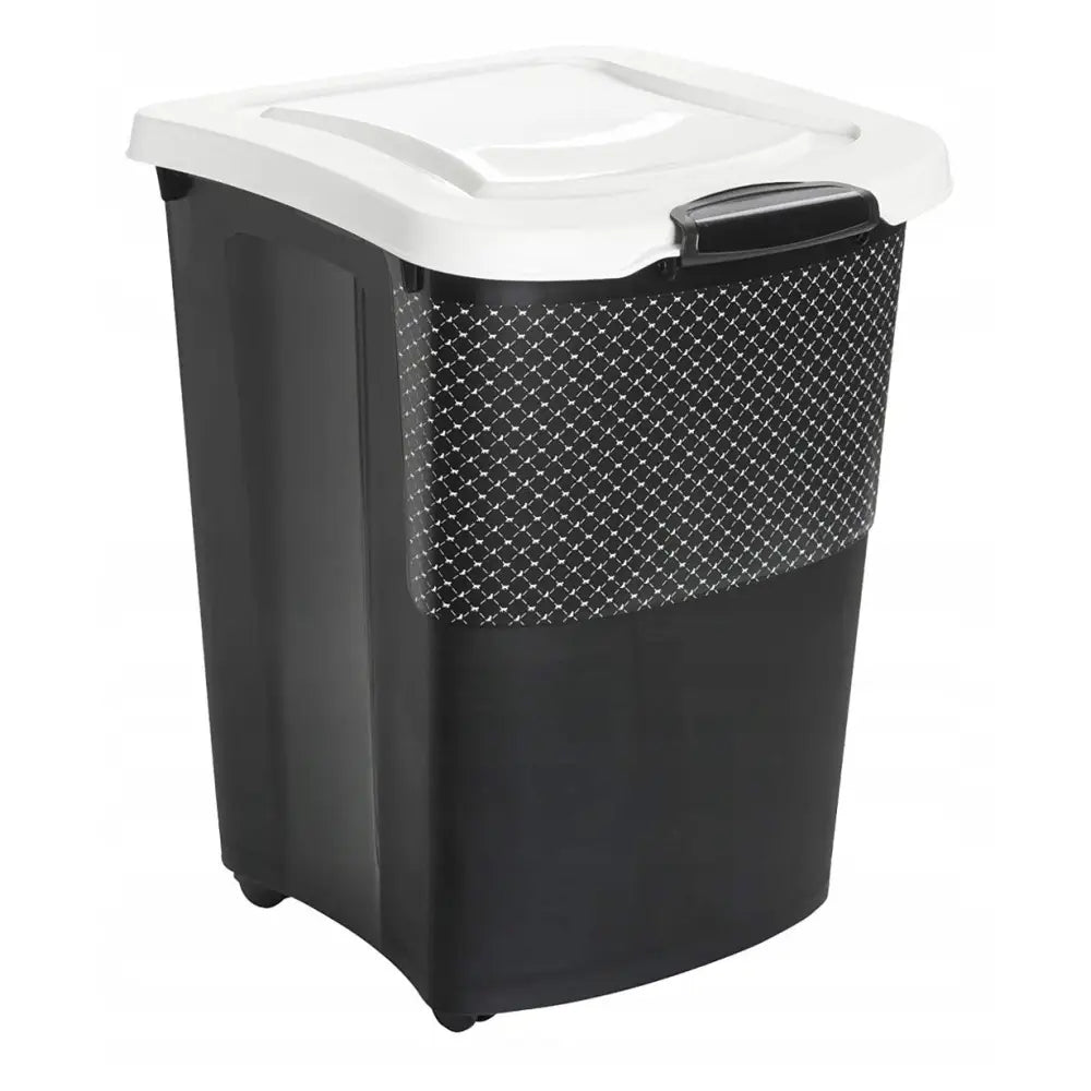 Fôrbeholder på hjul Rotho Archie 38L, svart plast med hvitt lokk og synlig håndtak, sett skrått forfra.