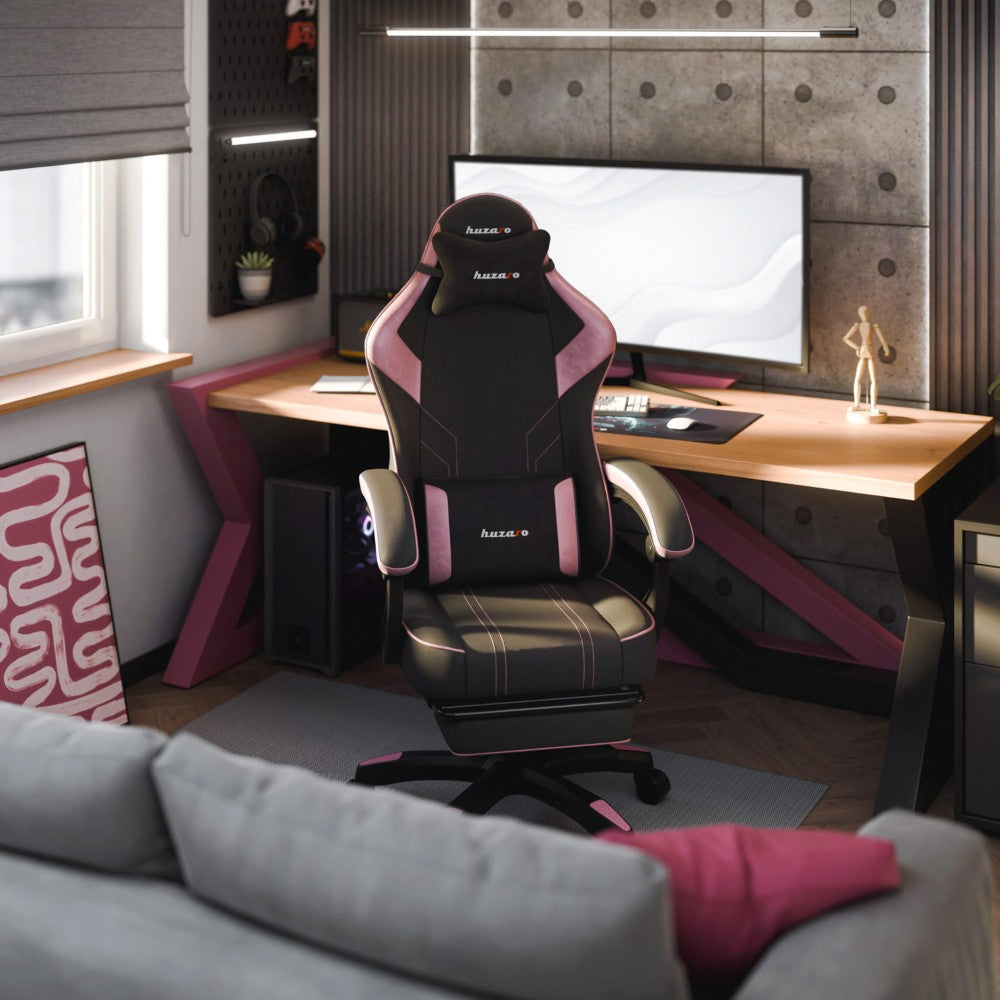 Huzaro Force 3.7 Rosa gamingstol med uttrekkbar fotstøtte i bruk