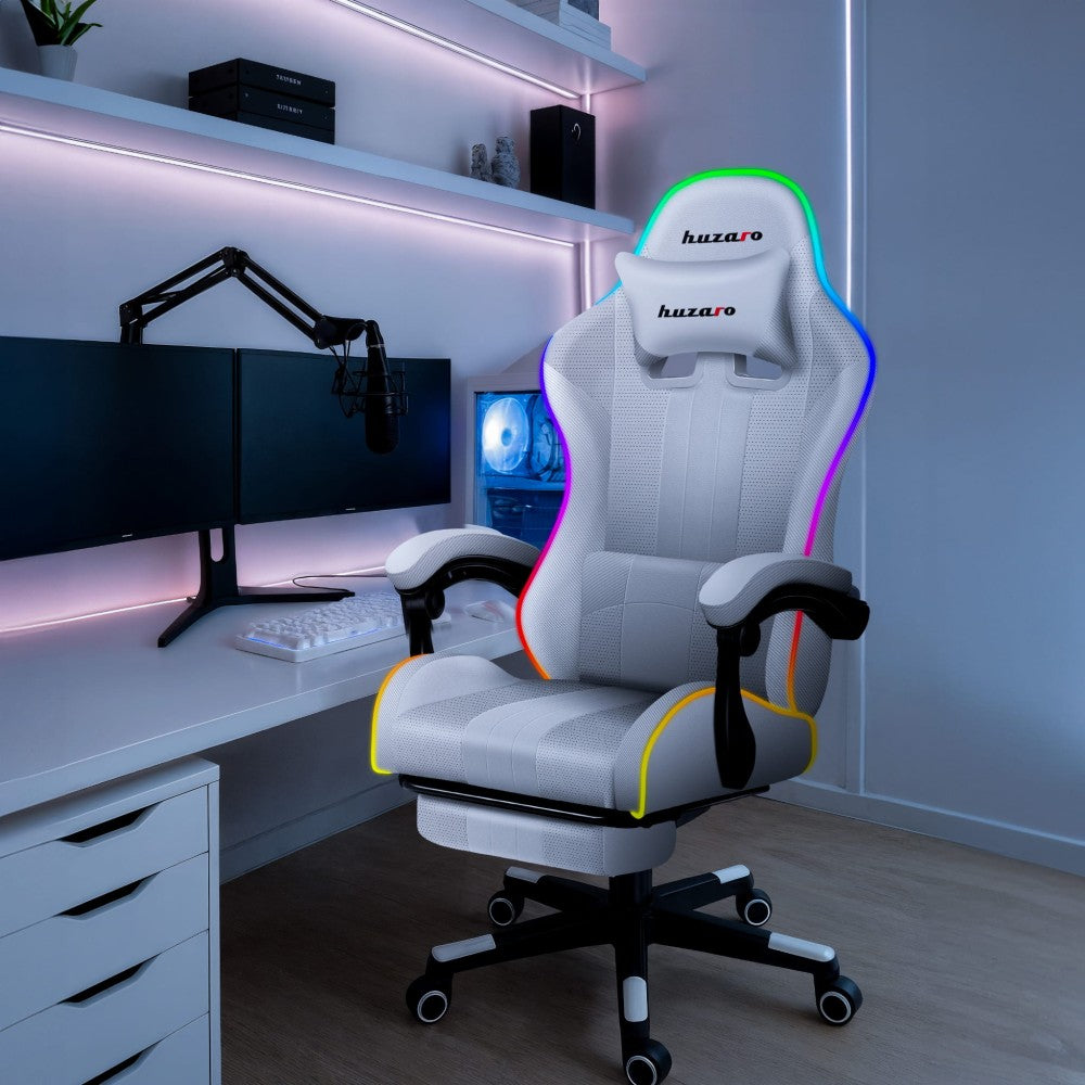 Huzaro Force 4.7 White – nærbilde av RGB-stripe langs stolbase