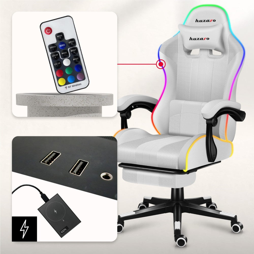 Huzaro Force 4.7 gamingstol – ryggvisning med hvitt kunstlær og RGB-kant
