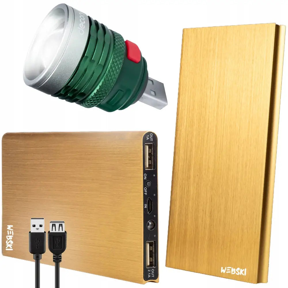 Gullfarget dame powerbank med to USB-porter, tilkoblet grønn USB-lampe med rødt knappetrykk, sett fra siden.