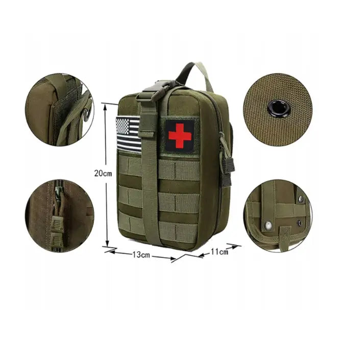Førstehjelpstaske militær taktisk, nærbilde av grønn nylonveske med rødt kors, glidelås og borrelåsfester.