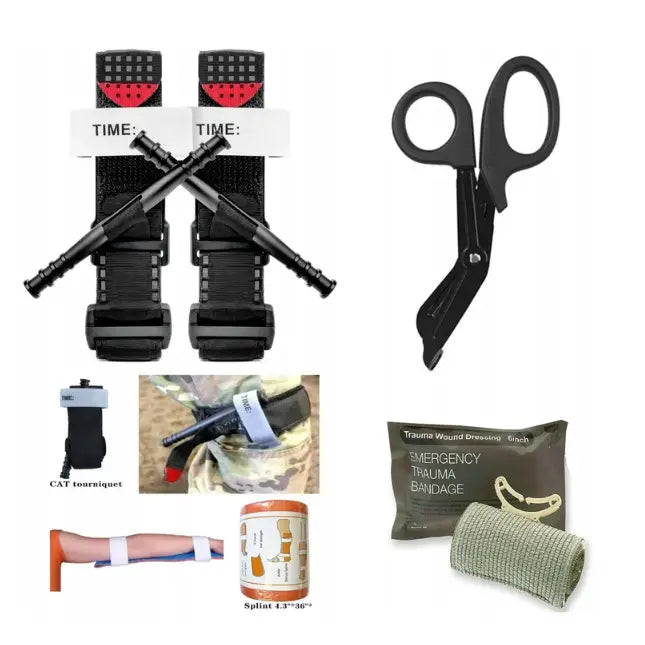 Førstehjelpstaske Militær Taktisk Survival Kit, utstyr med to tourniqueter, traumesaks og bandasjer.