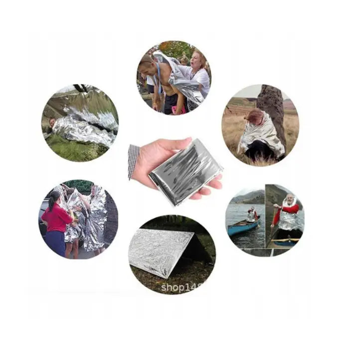 Sølvfarget nødteppe fra survival kit, sammenfoldet i hånd, med åtte utendørs bruksmuligheter rundt.