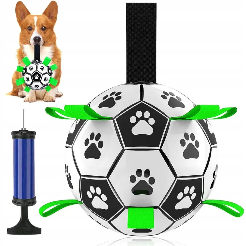 Fotball for hunder "Ronald" med grønne håndtak, potetrykk, blå pumpe og illustrasjon av hund som leker med ballen.