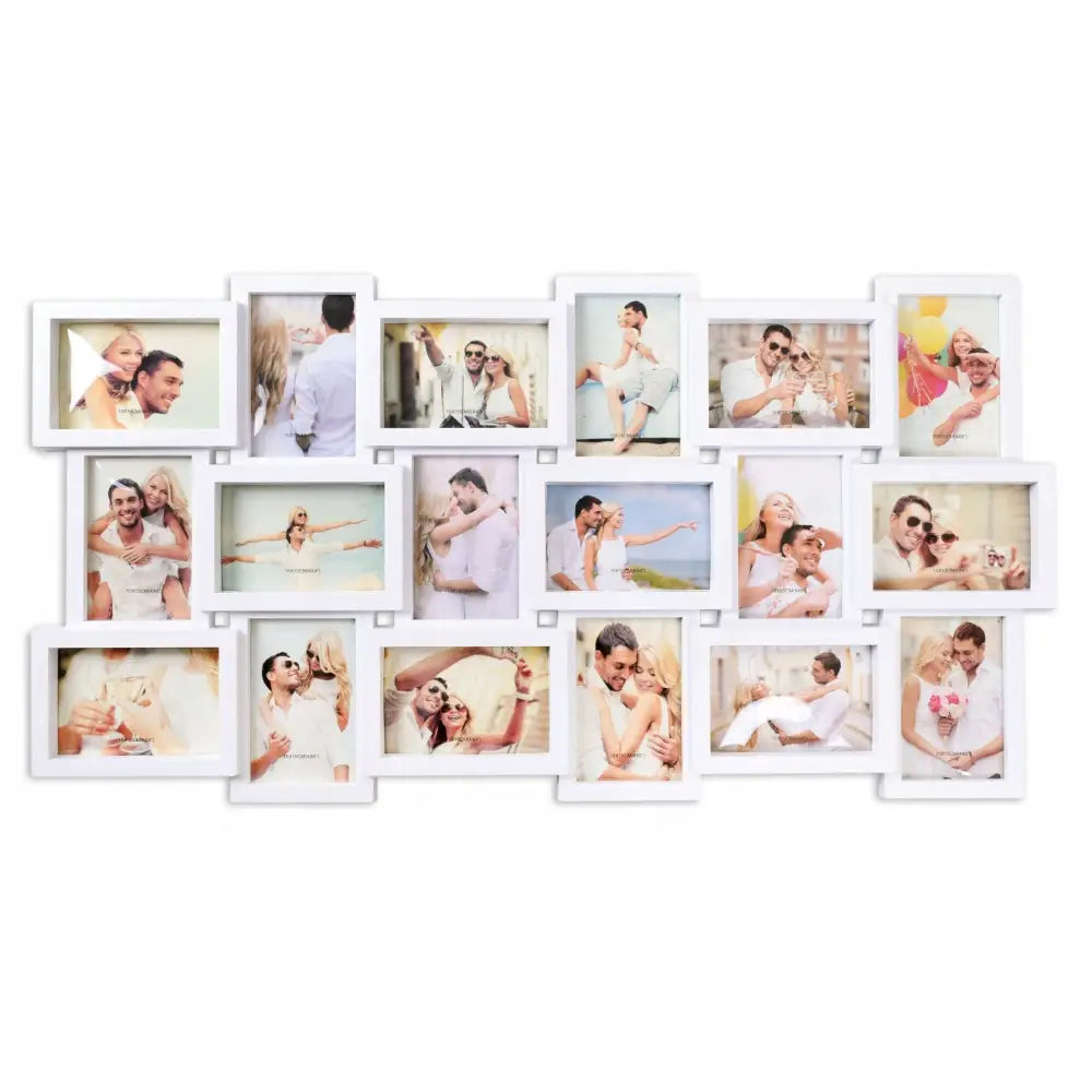 Fotoramme for 18 bilder i hvit, collage med fargebilder av par i ulike rammer mot hvit bakgrunn.
