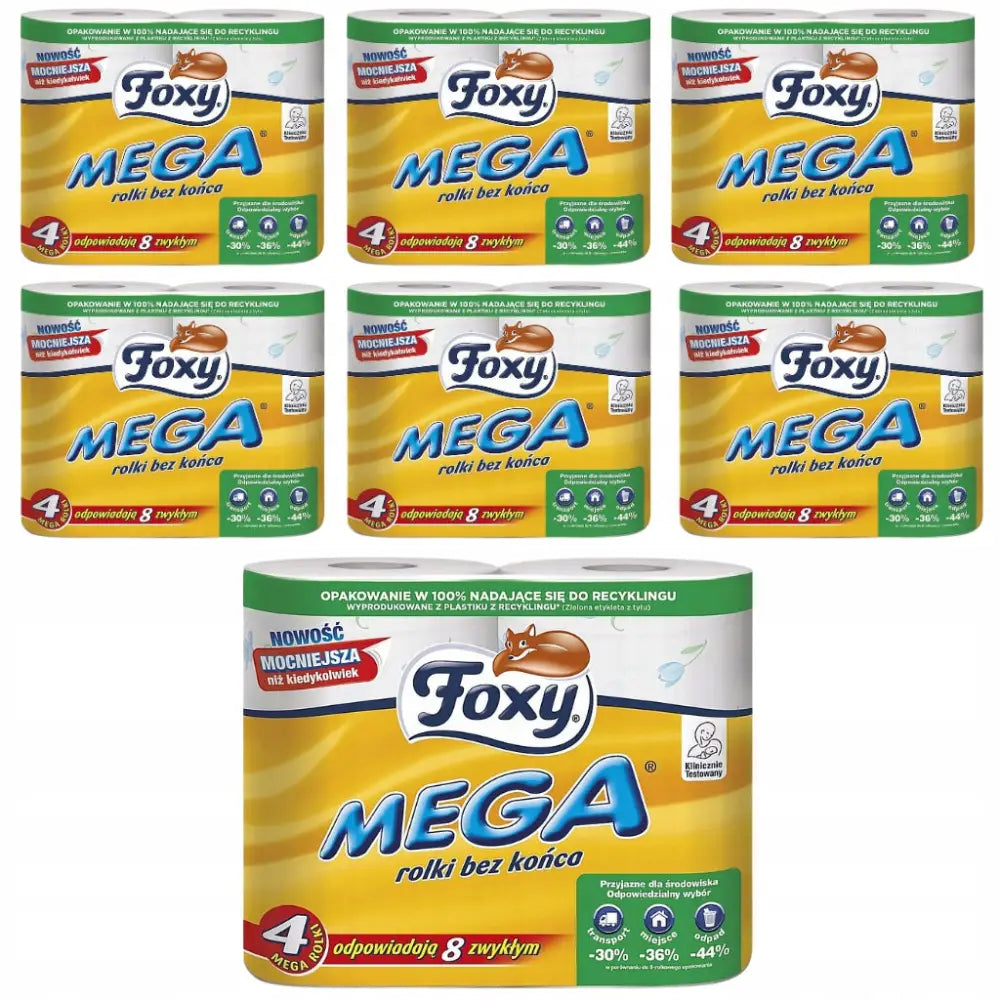 Foxy Mega toalettpapir, syv firpakninger med store ruller og fargerik emballasje, frontvisning.
