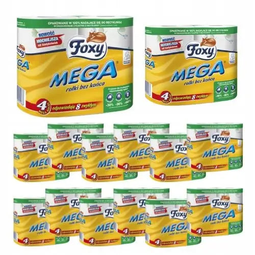 Foxy Mega toalettpapir XL, tolv pakker med fargerik emballasje og tydelig antall ruller på forsiden.