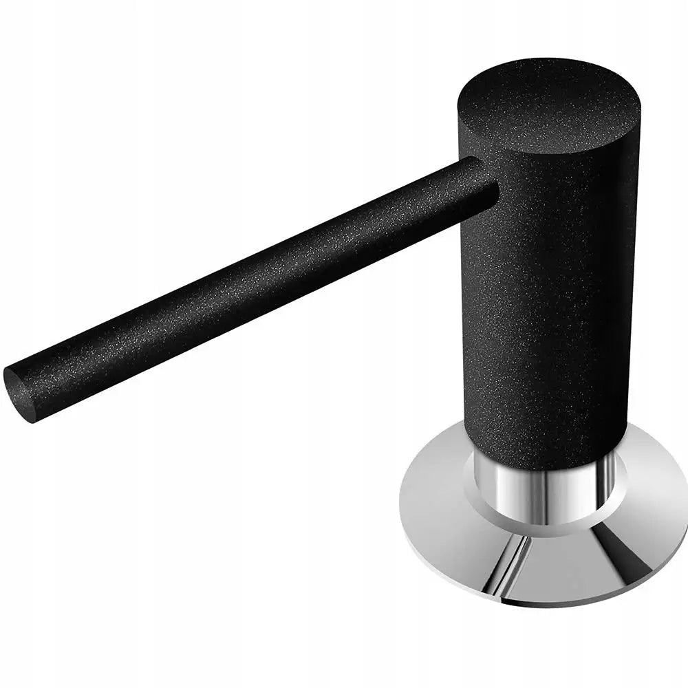 Franke Comfort såpedispenser Onyx, sort matt sylinder med lang hendel på blank rund metallbase, sett skrått ovenfra.