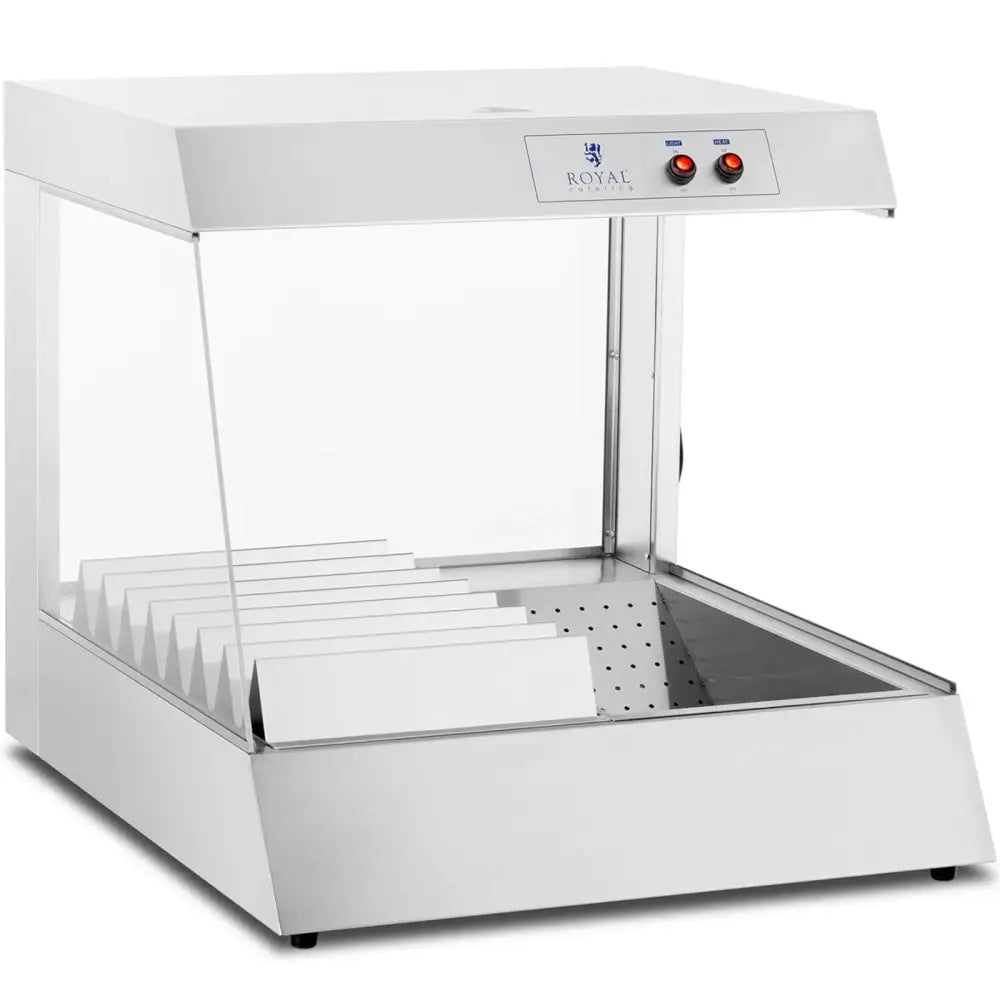 Frites og chipsvarmer med syv stenger, sett skrått forfra, viser kontrollknapper og indikatorlys på frontpanelet.