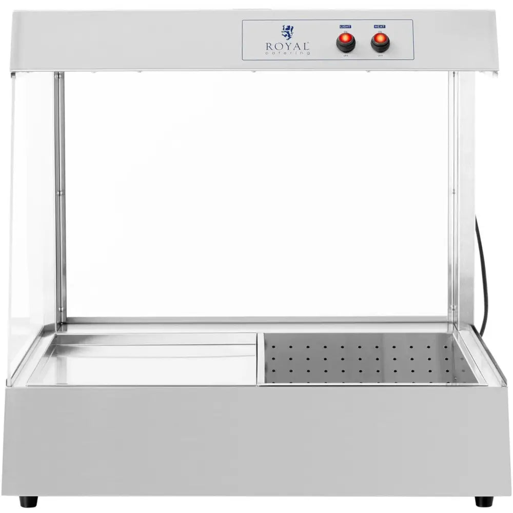 Frites og chipsvarmer, frontvisning med perforert og glatt rom, samt to røde kontrollbrytere øverst til høyre.