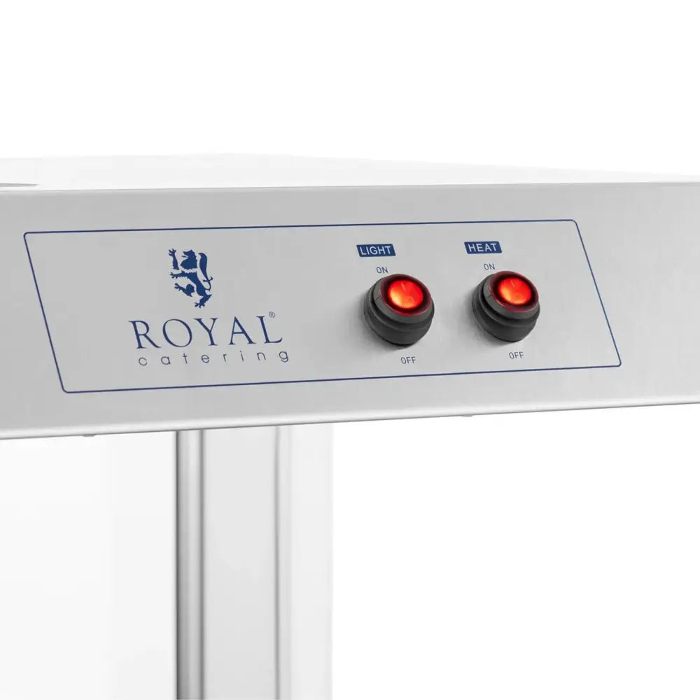 Frites og chipsvarmer, nærbilde av rustfritt kontrollpanel med røde lysbrytere og blå logo.