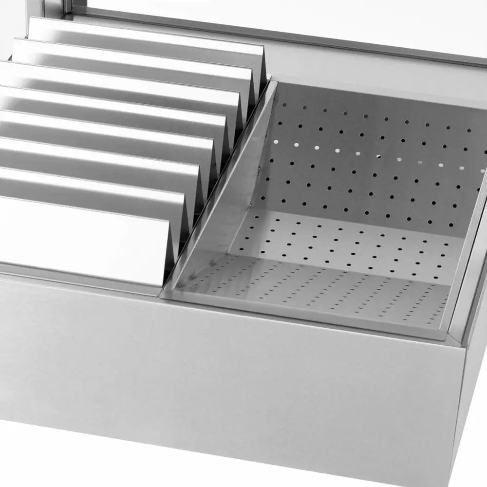 Frites og chipsvarmer med 7 stenger, detaljert oversiktsbilde av rustfri innsats med avrenningsskuff.