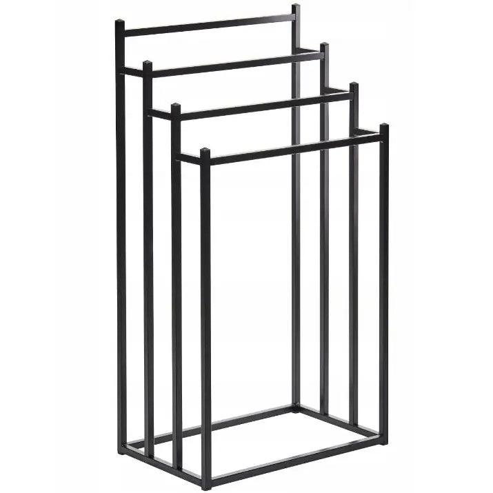 Frittstående håndklestativ i sort metall, sidevisning med tre stenger i ulike høyder og minimalistisk utforming.
