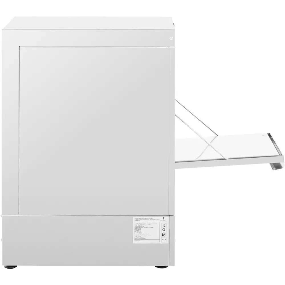 Frittstående oppvaskmaskin for glass og servise, sidevisning med uttrekkbar metallhylle og synlig etikett.