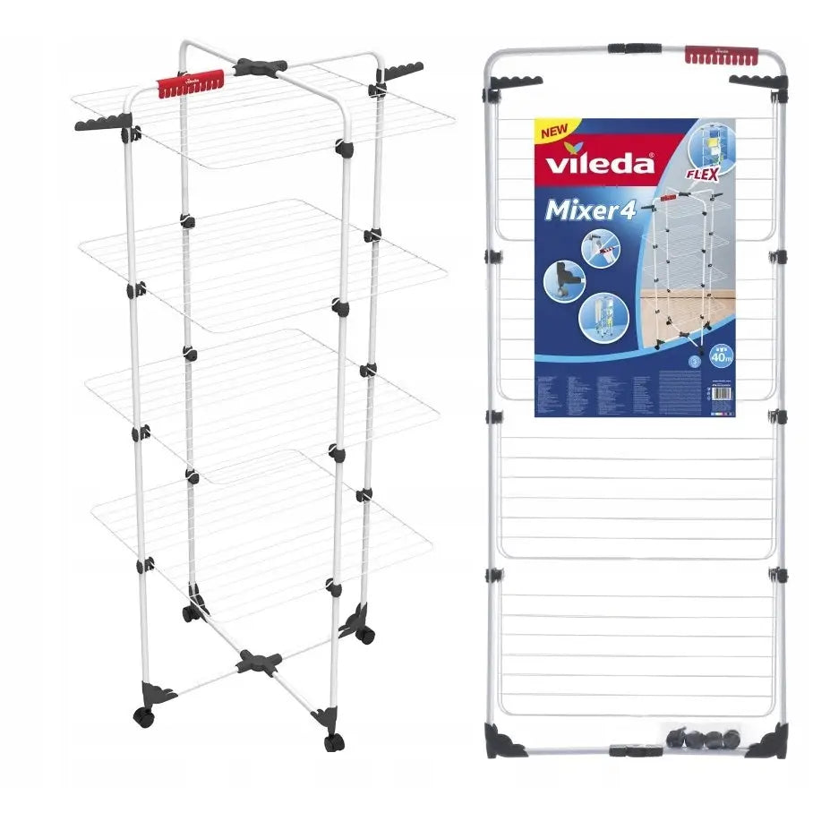 Frittstående vertikalt Vileda tørkestativ, sammenlagt med emballasje, fire nivåer og røde klemmefunksjoner.