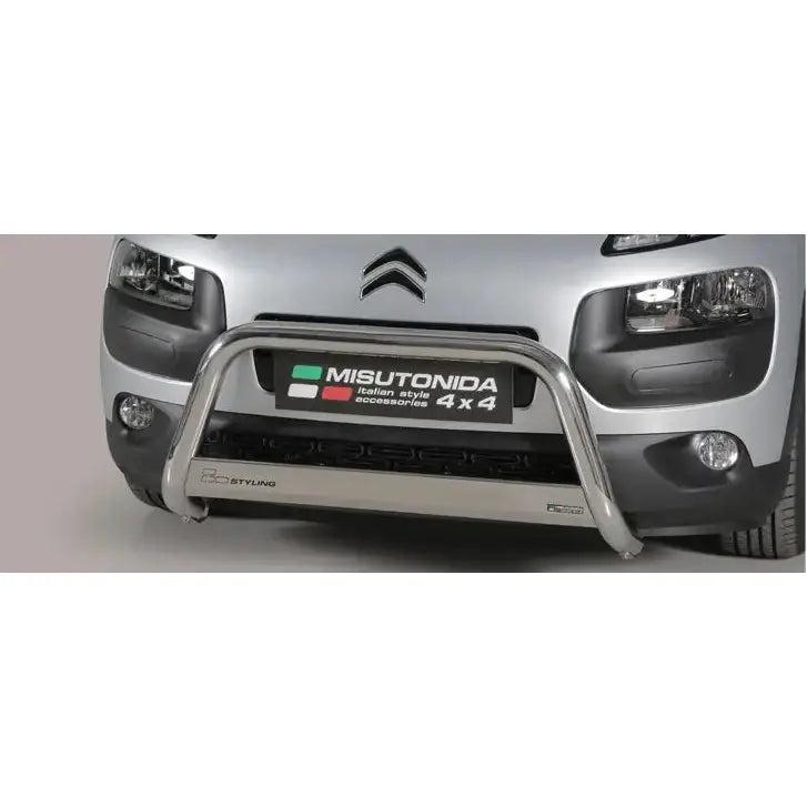 Frontbøyle Citroen C4 Cactus 15-17 EC godkjent medium bar i sølv montert på bil, sett forfra.