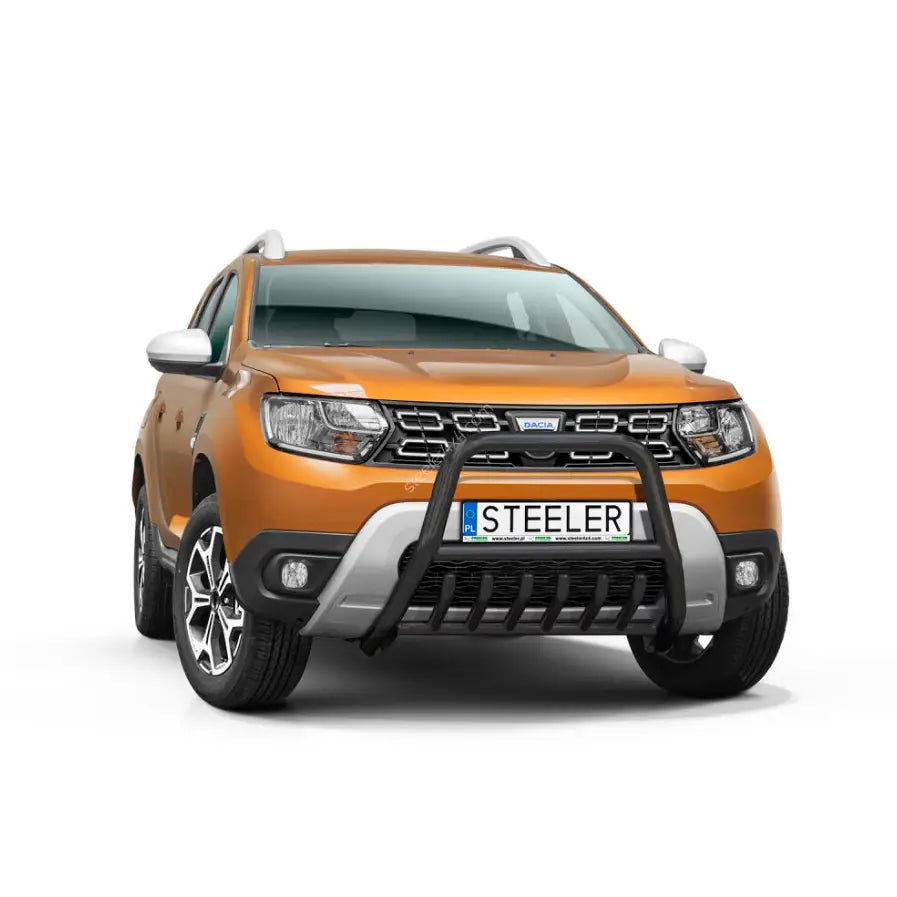 Kufanger på Dacia Duster 18-22, svart metallmontert frontbøyle foran grill, hvit bakgrunn.