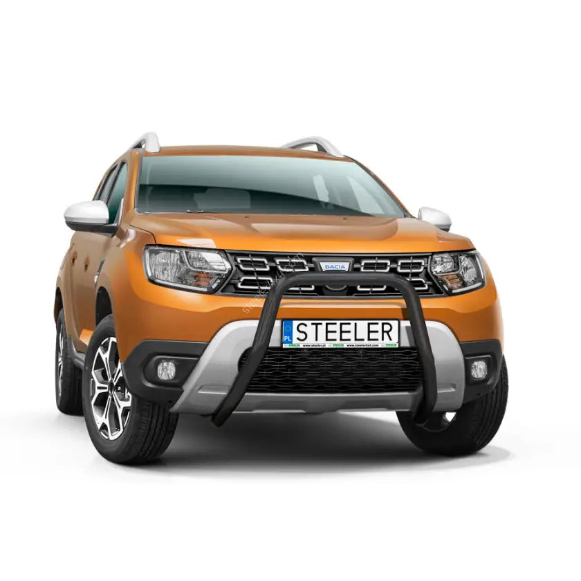 Kufanger på Dacia Duster 18-22, sort stålmontert foran på oransje SUV med sølvdetaljer.
