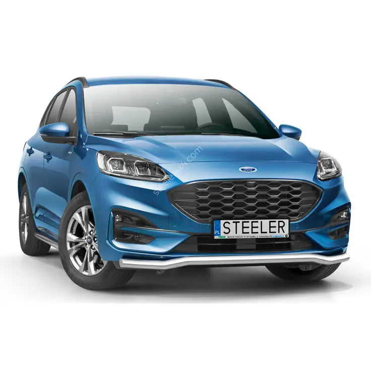 Frontbøyle på Ford Kuga 19- med sølvfarget beskyttelseslist og sort grill sett forfra.
