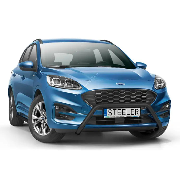 Kufanger på Ford Kuga 2019-modell, svart grillbeskyttelse i stål foran, sett rett forfra.