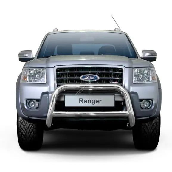 Frontbøyle på Ford Ranger 07-12 EC godkjent med tverrør sett forfra mot hvit bakgrunn.