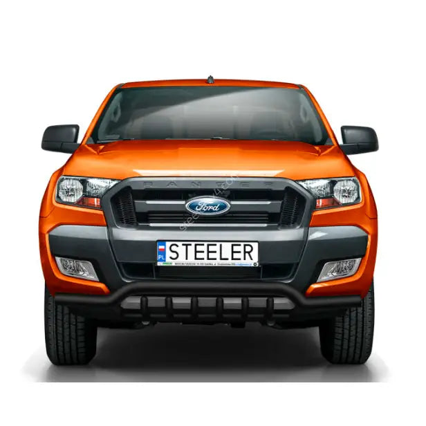 Kufanger til Ford Ranger 16-18 EC godkjent, lav modell med grill, montert på oransje pickup forfra.