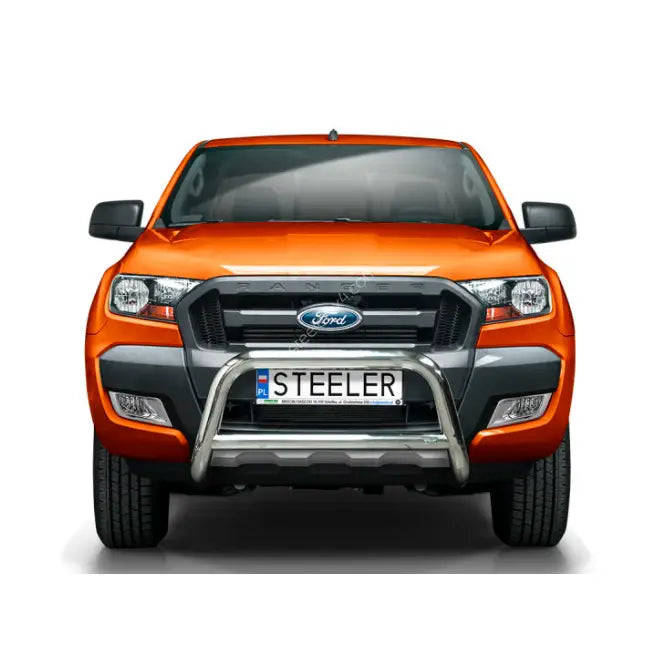 Frontbøyle til Ford Ranger 16-18 EC godkjent, montert på oransje pickup med sølvfarget tverrør.