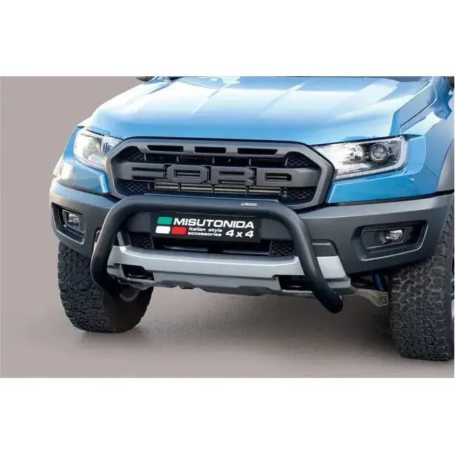 Kufanger Ford Ranger Raptor med sort metallfrontbøyle, tydelig grill og merkeskilt, sett forfra.