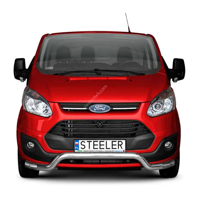 Frontbøyle Ford Transit Custom 12-18 EC godkjent montert på rød varebil med sølvfarget kufanger.